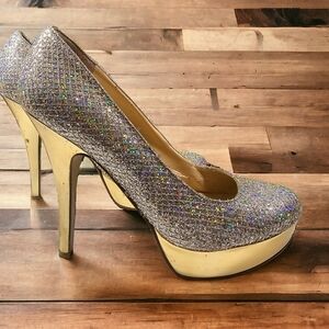 Enzo Angiolini Smiles Gold Glitter Designer Evening Formal Platform Pumps 8.5m